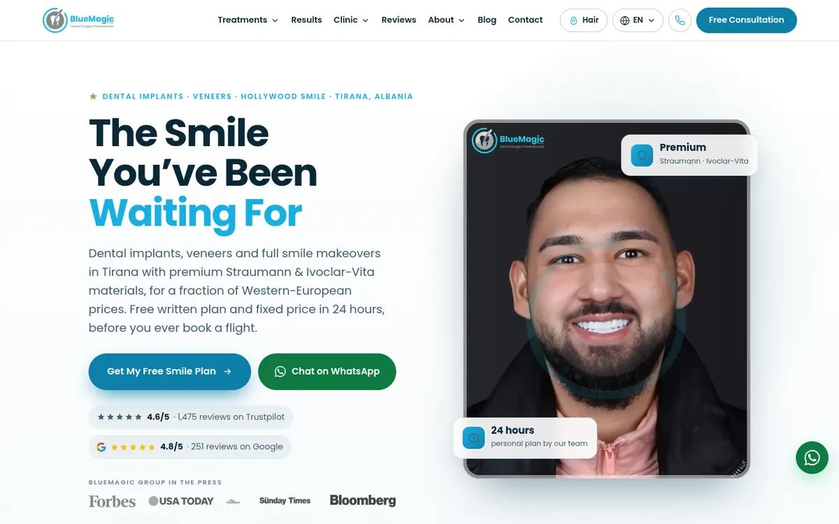 The BlueMagic Group Dental Tirana website home page